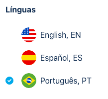 #pracegover Imagem mostrando a palavra Línguas e abaixo três opções sendo English, EN, Español, EL e Português, PT. Essas são as opções disponíveis para configuração do idioma da plataforma New Wizme.