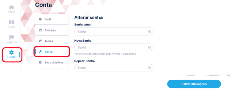 #pracegover print de tela mostrando a opção Conta e depois Senha, mostrando onde se pode realizar a alteração de senha no New Wizme.