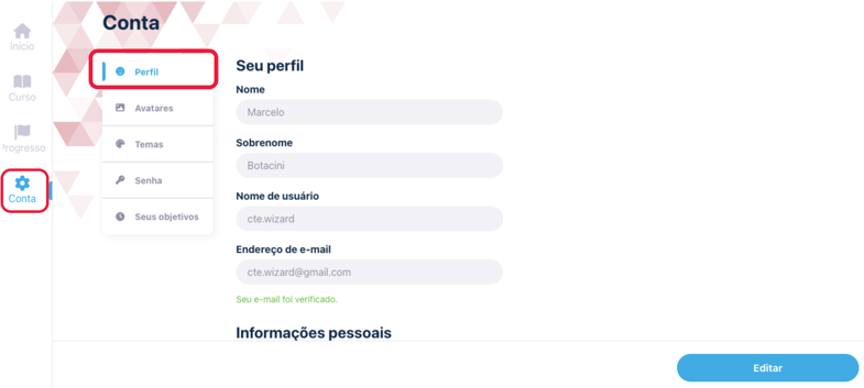 #pracegover print de tela destacando em vermelho mostrando como acessar o Perfil. As partes destacadas em vermelho são, primeiramente Conta e depois Perfil.