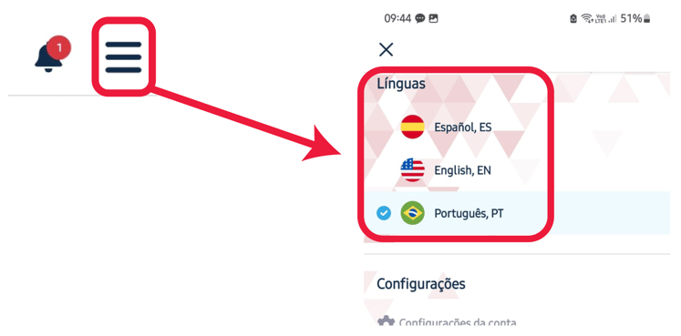 #pracegover imagem mostrando o menu hamburger e uma seta vermelha apontando para as opções de tradução da plataforma, sendo espanhol, inglês e português.