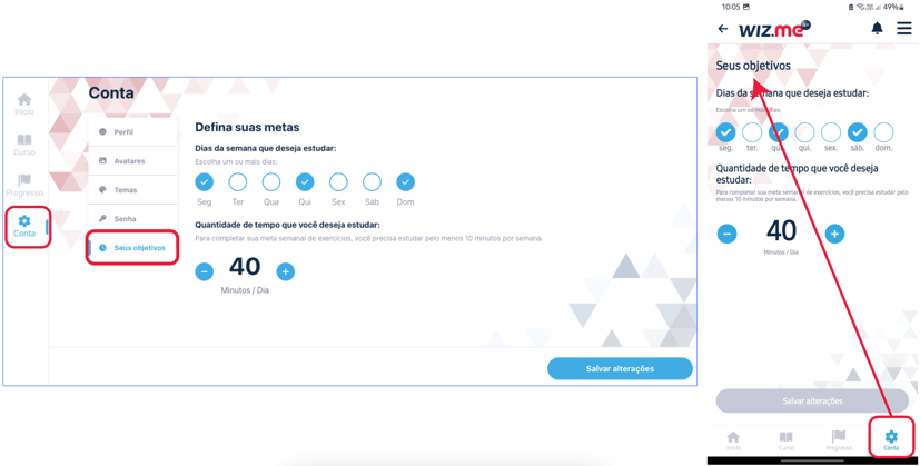 #pracegover Imagem mostrando a tela do New Wizme com o menu esquerdo na versão Web e os botões em destaque vermelho mostrando onde clicar. Primeiramente clicar em Conta, depois em Seus objetivos.  O segundo print de tela no canto direito mostra o mesmo caminho a ser seguido, porém no aplicativo com o menu localizado no canto inferior.