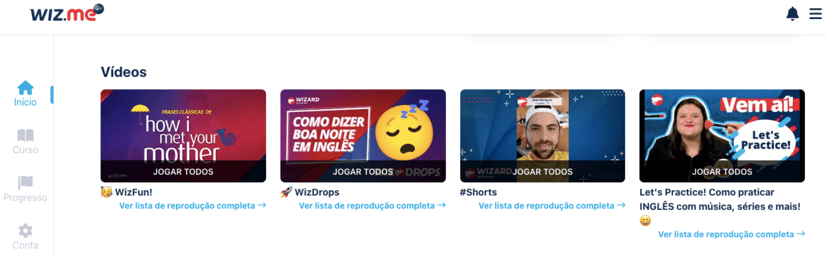 #pracegover print de tela mostrando os previews de vídeos do canal Wizard de apoio aos alunos que utilizam New Wizme.