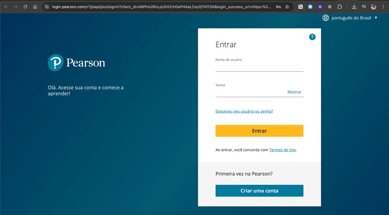 Imagem mostrando a página principal do PEP - Pearson English Portal com os campos de usuário e senha e também o botão para criar uma conta caso seja o primeiro acesso.